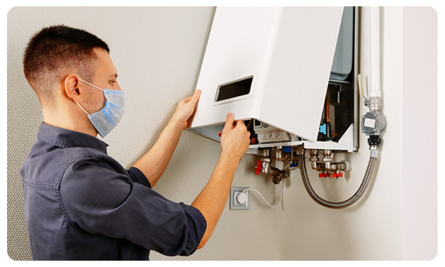 Technician performing boiler repair and servicing while wearing a protective face mask.
