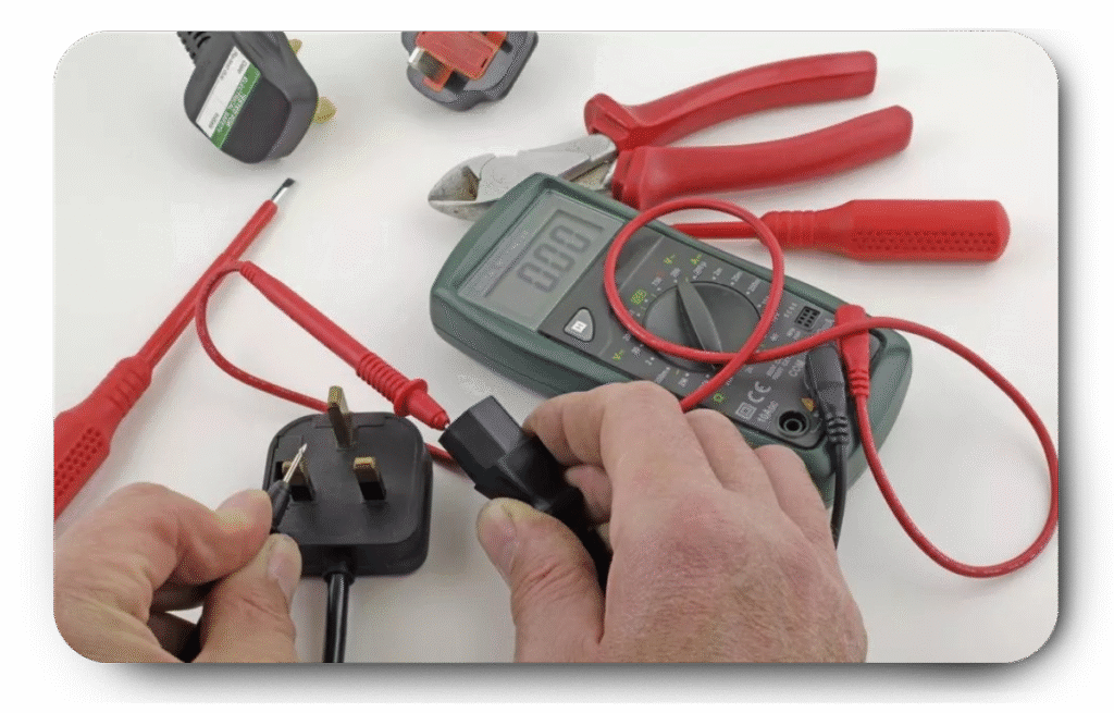 Technician performing PAT testing on a UK plug using a digital multimeter.