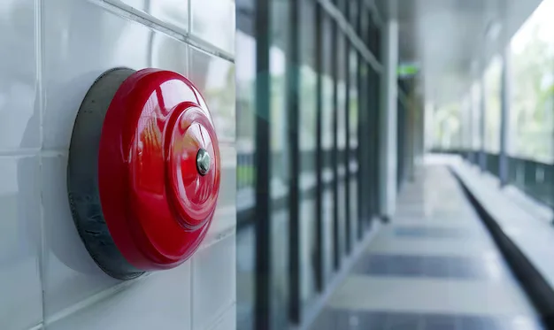 Red fire alarm bell on wall in commercial building hallway.